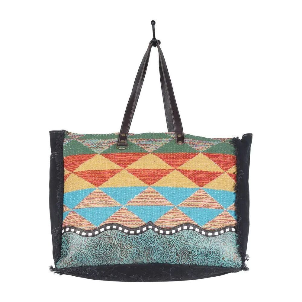 Myra Bag Handmade Jazz Weekender Bag Upcycled Canvas & Cowhide Leather - Picture 4 of 9